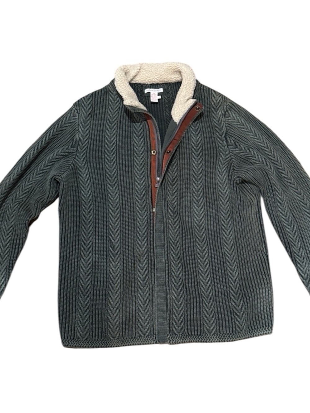 Carbon2Cobalt Olive Cable Knit Sherpa Collar Zip Cardigan Jacket Size L - Picture 2 of 7